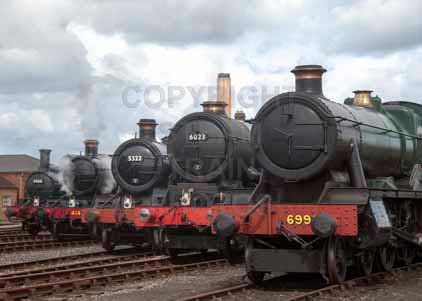 Purchase photo of 1466 0-4-2T,  4144 2-6-2T,  5322 2-6-0 Tender Locomotive,  6023 KING EDWARD II &  6998 BURTON AGNES HALL at Didcot